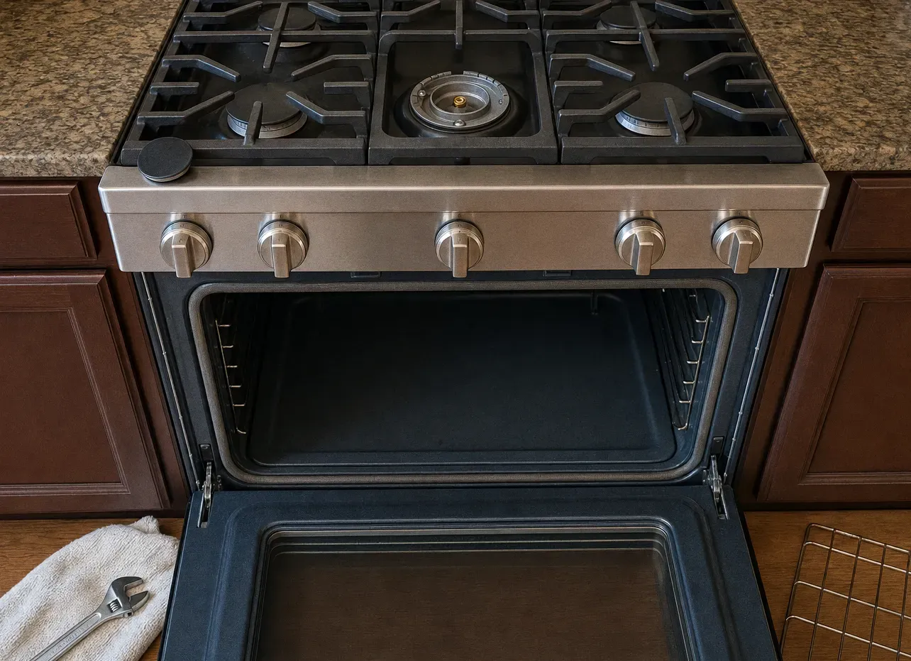 Stainless gas range in dark wood cabinets with the oven door open on an empty cavity and a towel on the floor