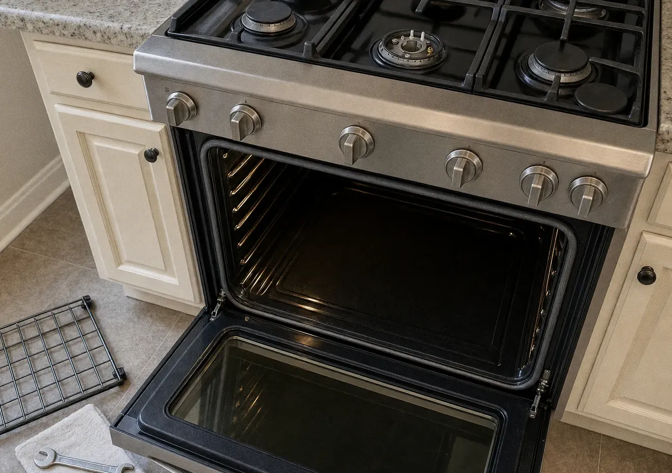 Oven rack removed and lying on the kitchen floor in front of an open range, grates visible above