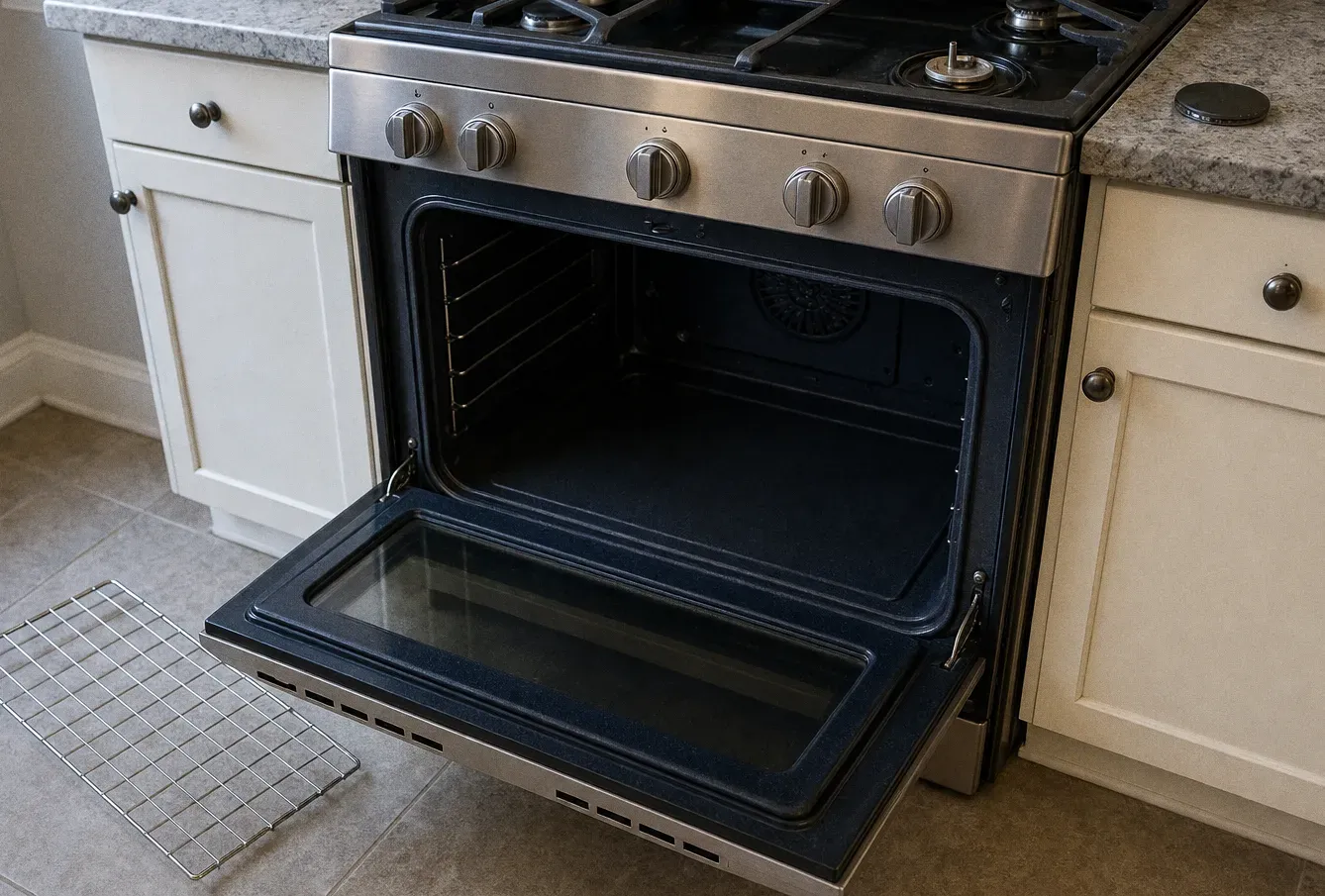 Wire oven rack on the floor in front of an open range with one cooktop burner base uncovered