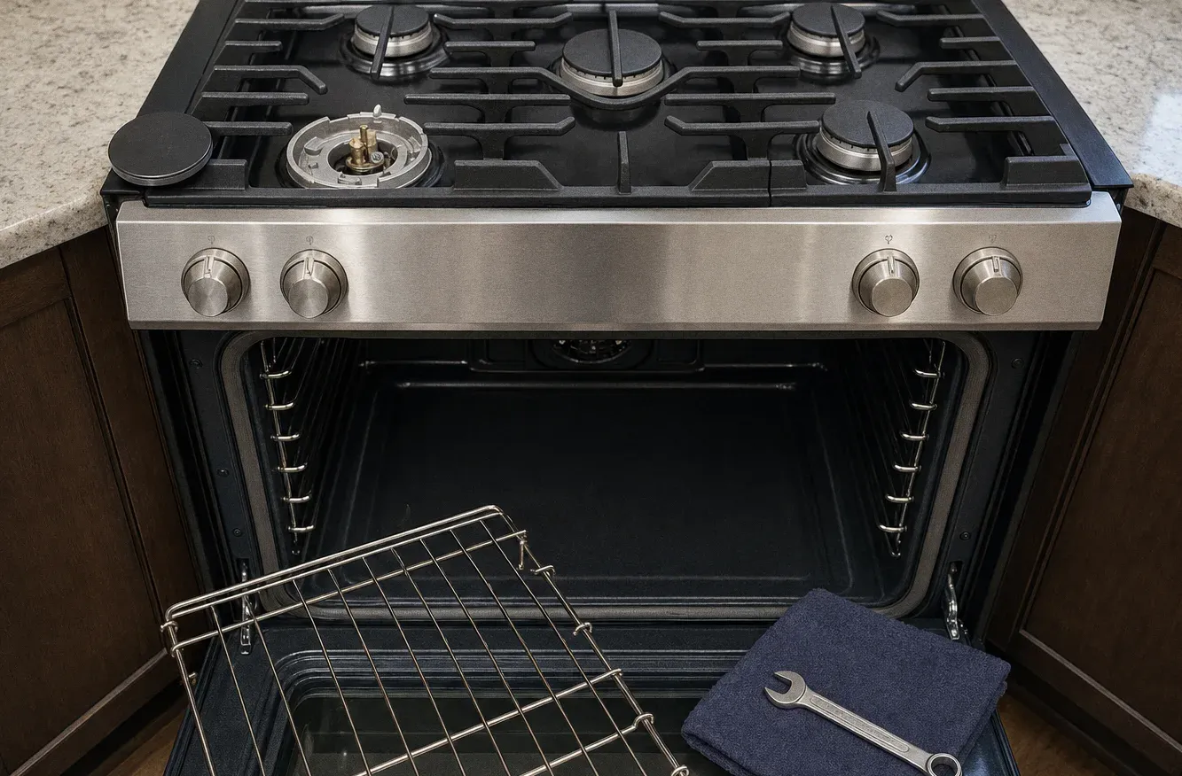 Range with both oven racks removed and leaning against it, a wrench resting on a dark towel